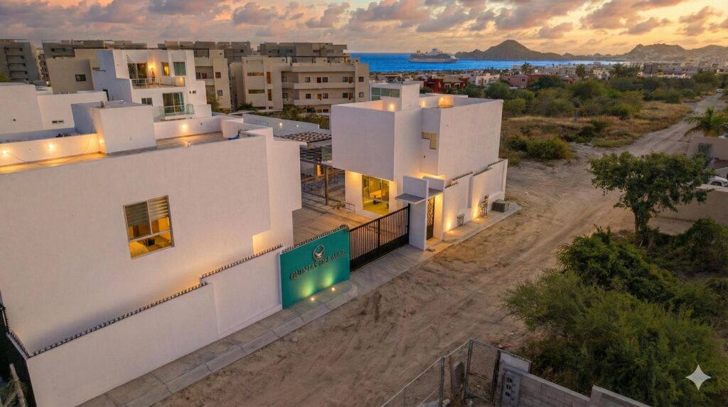 Los Cabos Cumbre Del Tezal Move-in ready and fully furnished. 2,045 sq ft of construction on a 2,551 sq ft lot with 3-car parking. Luxury finishes include marble flooring, wood kitchen with granite countertops, built-in wooden closets in all bedrooms, and vanities with tempered glass shower doors in all 3.5 baths. Fully equipped with 5 Gree inverter mini-split A/C units (3 × 1-ton, 2 × 2-ton), LG 22' French Door refrigerator, Whirlpool gas stove, and 1.7 cu ft microwave hood. Additional features: rooftop with bar, grill & sink, private terrace, storage, WiFi smart lock, private 5,000-liter cistern, and termite prevention system. ommunity: pool, gym, sports courts, kids' area, 3 clubhouses & 24/7 gated security for sale