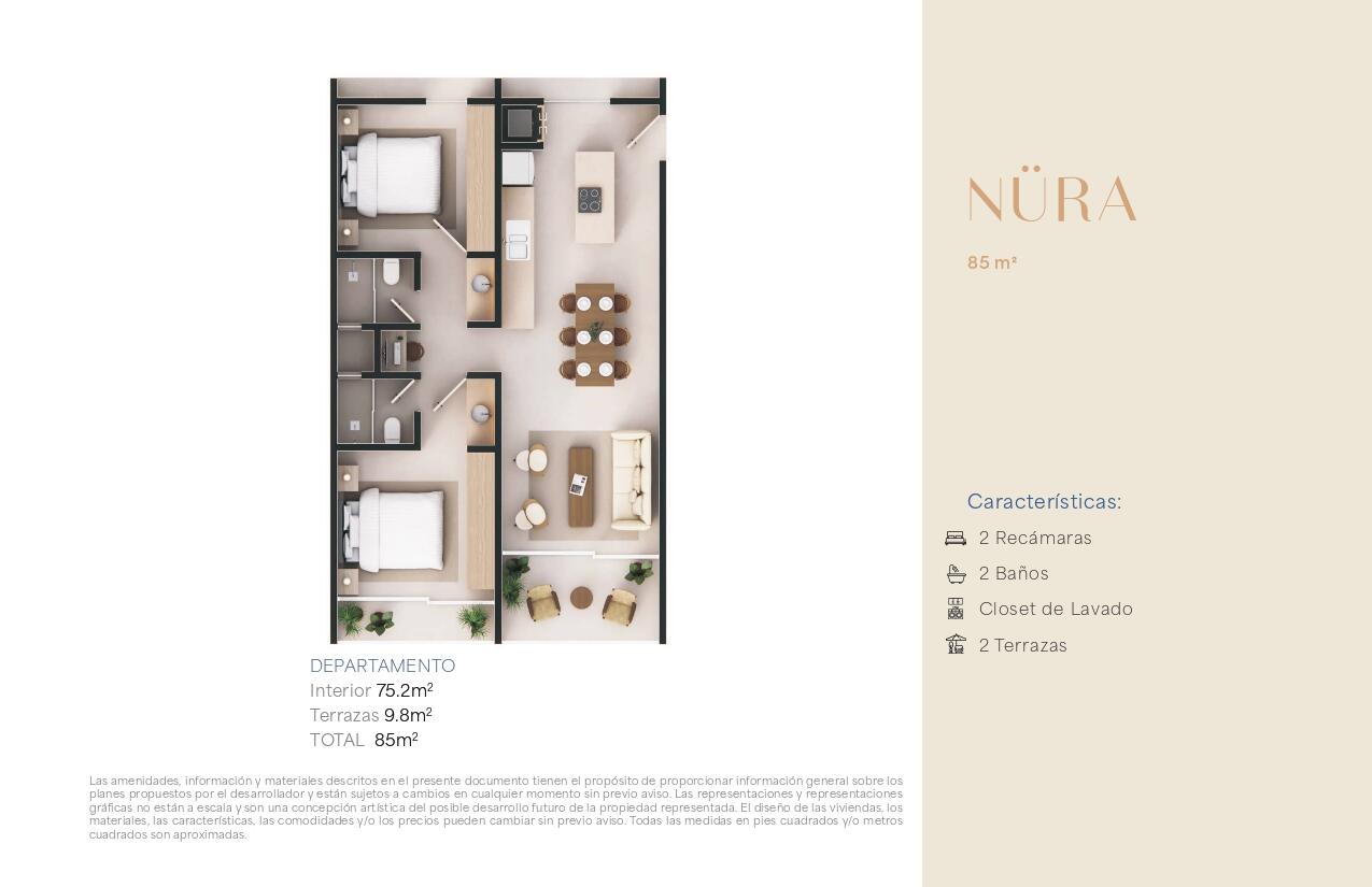 Los Cabos Nahara Cabo Living Discover this exclusive 2-bedroom residence at Nahara Cabo Living. Offering 85 m² total, including 75.2 m² of interior living space and 9.8 m² of terraces, this thoughtfully designed unit features a functional layout, abundant natural light, two private terraces, a laundry closet, elevator access, and high-end finishes throughout.Residents enjoy resort-style amenities including a clubhouse with gym, hotel-style guest suites, swimming pools, paddle and pickleball courts, fire pit areas, panoramic for sale